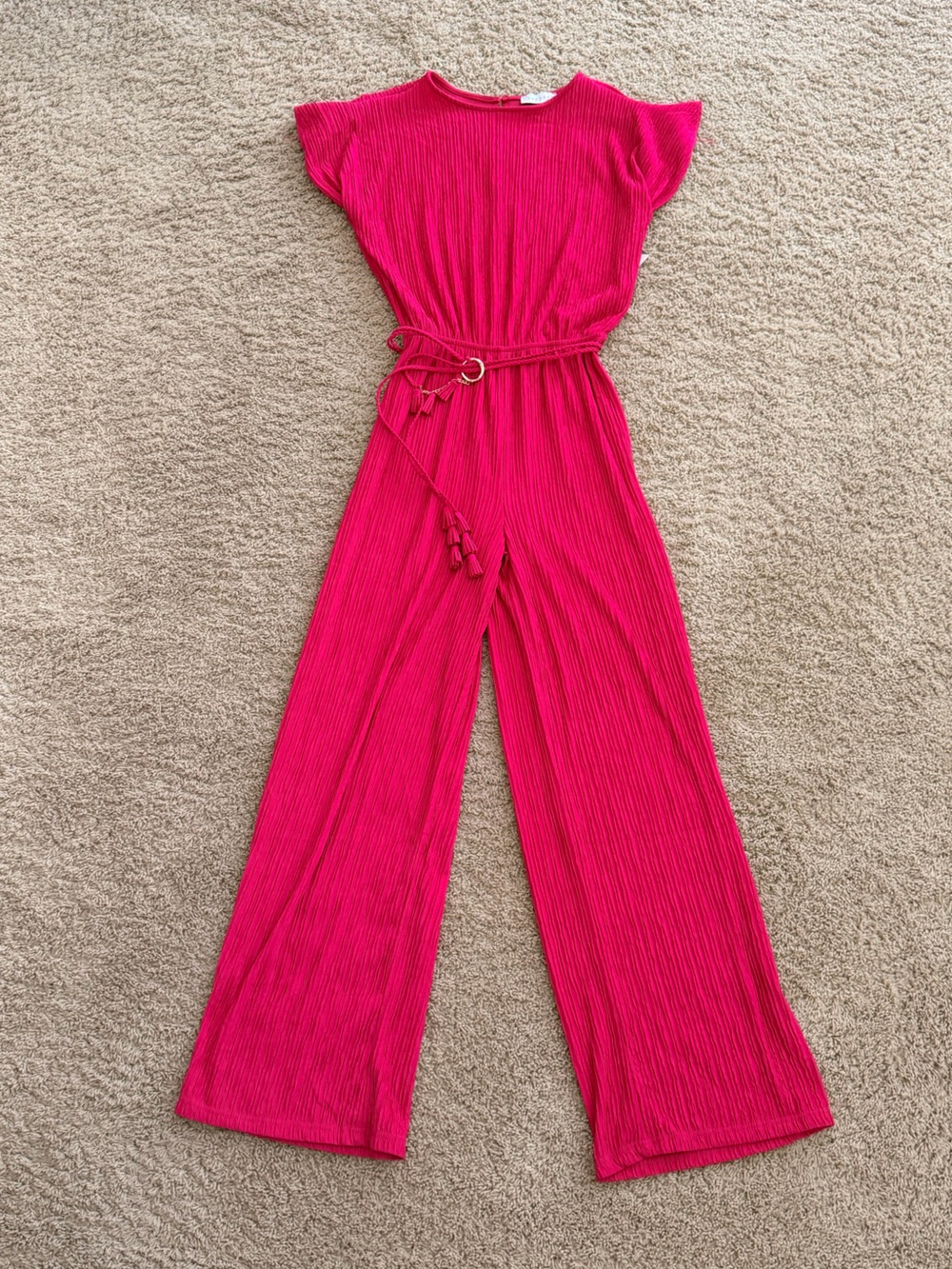 Women’s Bright Fuchsia Ribbed Wide-Leg Jumpsuit with Waist Tie